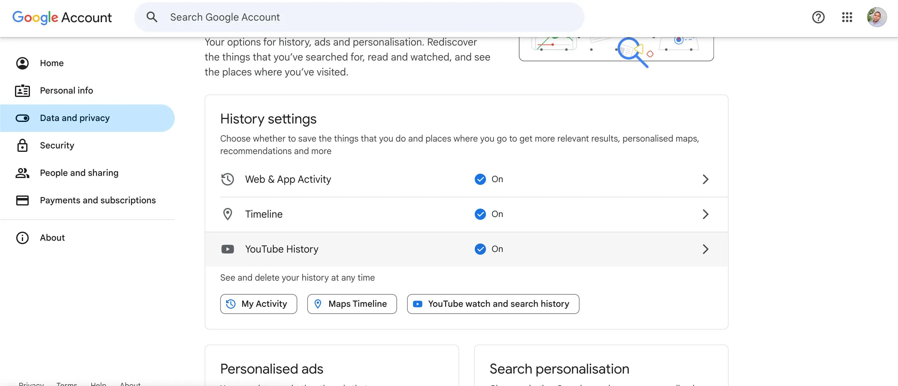 Trang Dữ liệu &amp; Quyền riêng tư trong Tài khoản Google để quản lý hoạt động