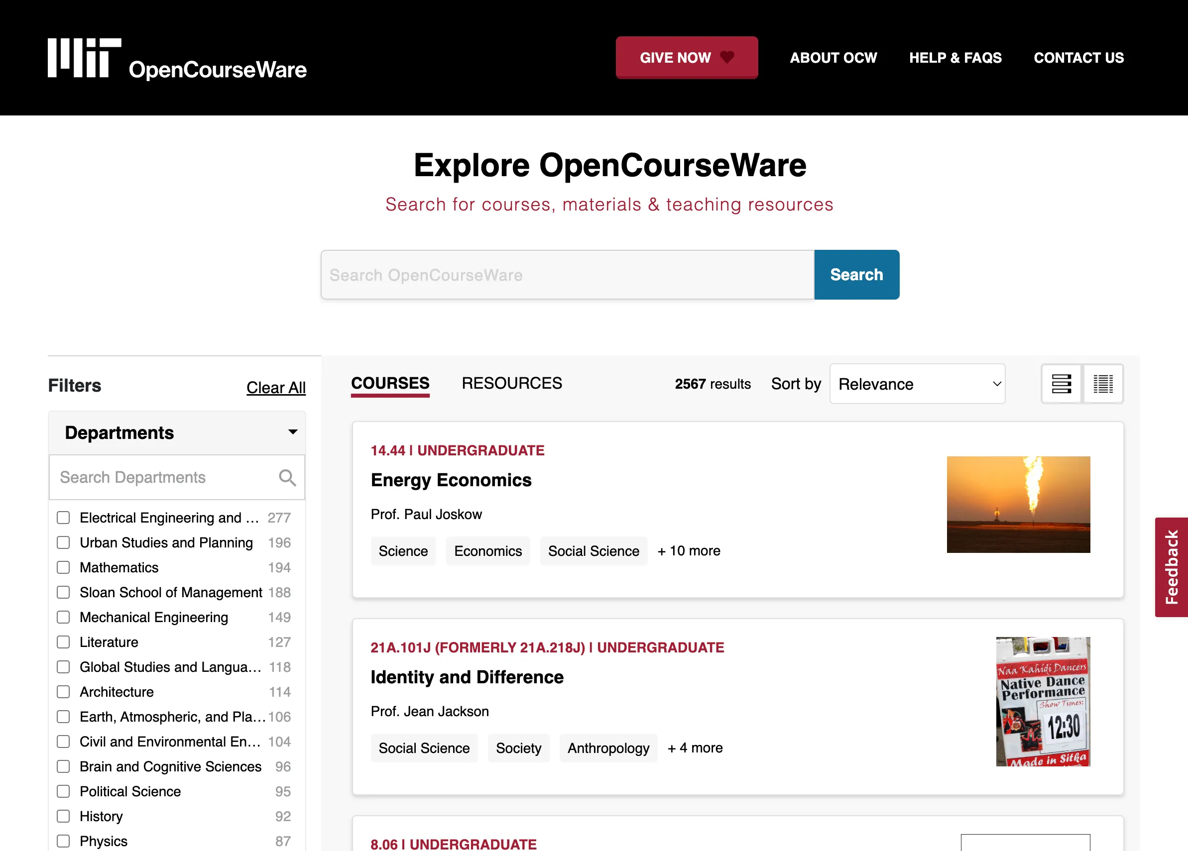 Trang duyệt khóa học của MIT OpenCourseWare với tài liệu học thuật chất lượng cao