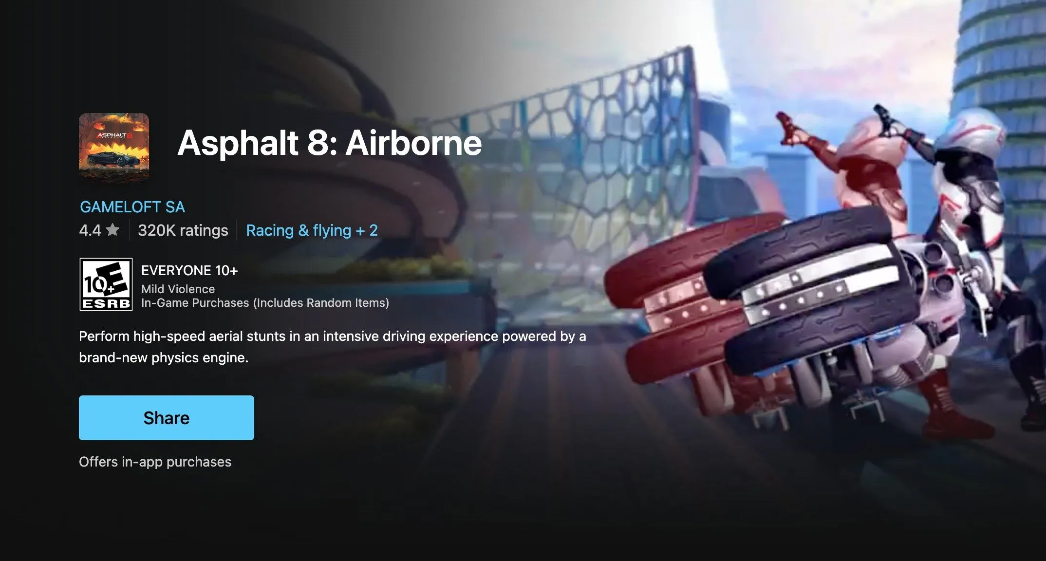 Trang game Asphalt 8: Airborne trên Microsoft Store, một trò chơi đua xe có thể gây cản trở quá trình cập nhật Windows 11 24H2.