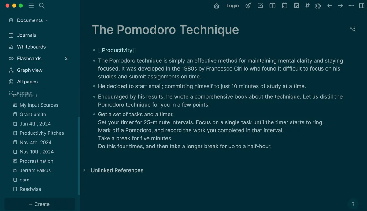 Trang ghi chú về Kỹ thuật Pomodoro trong Logseq, minh họa việc sử dụng liên kết hai chiều để kết nối các khái niệm về năng suất.