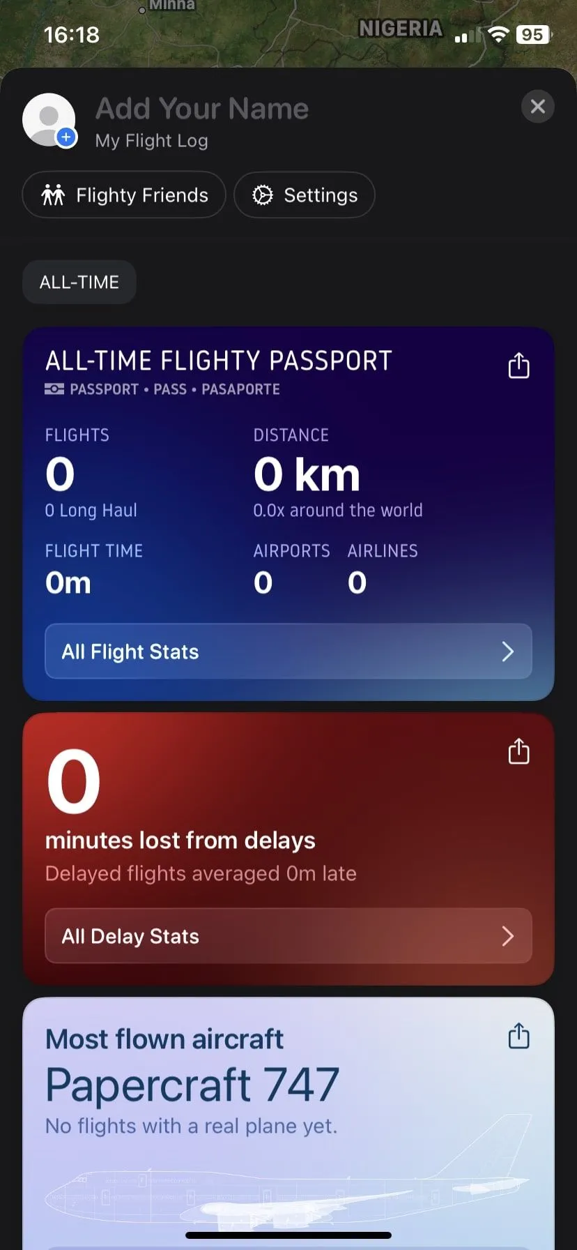 Trang hồ sơ Flighty hiển thị các chuyến bay đã theo dõi và tùy chọn cài đặt