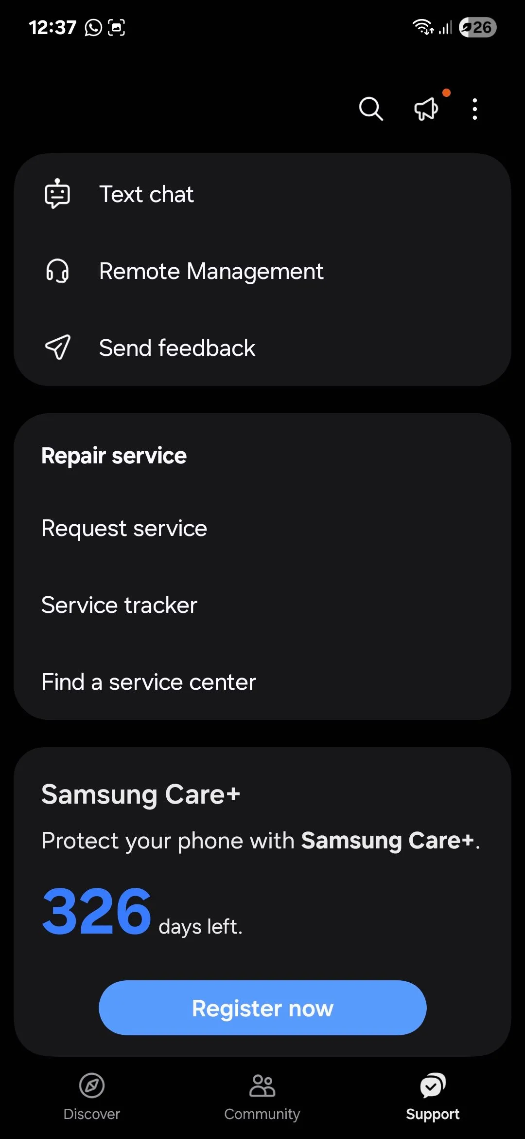 Trang hỗ trợ trong ứng dụng Samsung Members với các tùy chọn chẩn đoán và trợ giúp