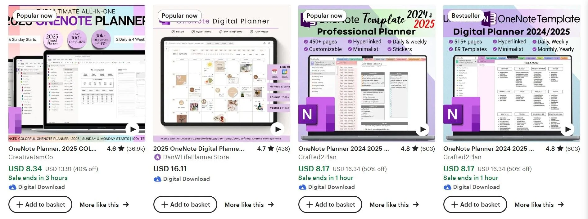 Trang kết quả tìm kiếm Etsy hiển thị nhiều mẫu OneNote đa dạng từ các nhà thiết kế độc lập