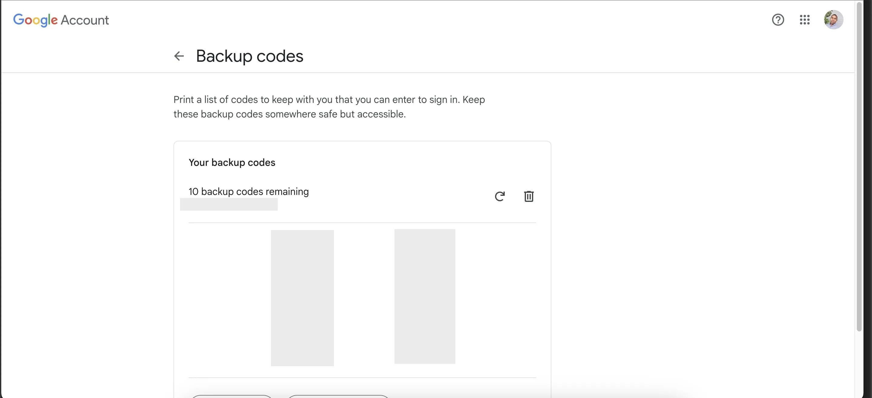 Trang mã dự phòng tài khoản Google, nơi người dùng có thể tạo và lưu trữ các mã để khôi phục Gmail khi cần