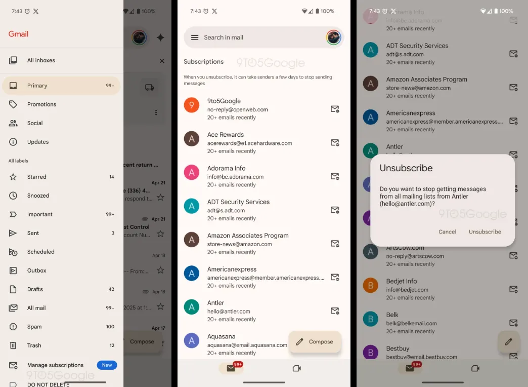 Trang quản lý đăng ký bản tin mới trong ứng dụng Gmail trên Android