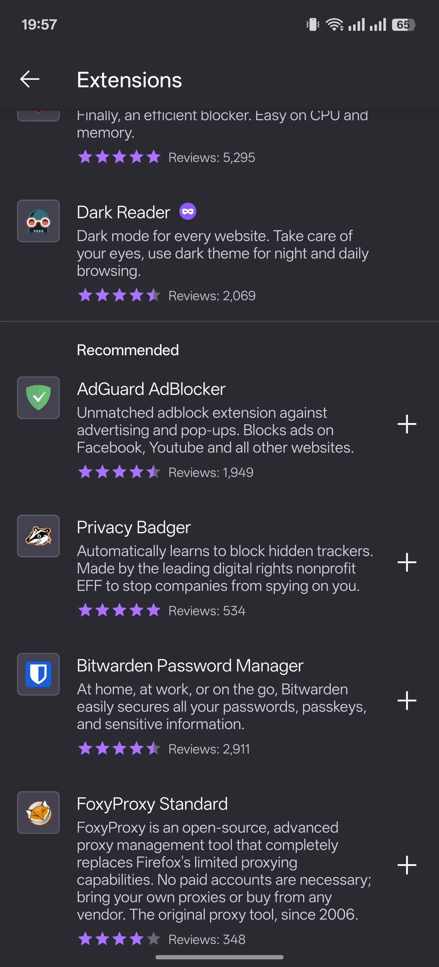 Trang quản lý tiện ích mở rộng trong Firefox for Android, cho phép tùy chỉnh trải nghiệm duyệt web.