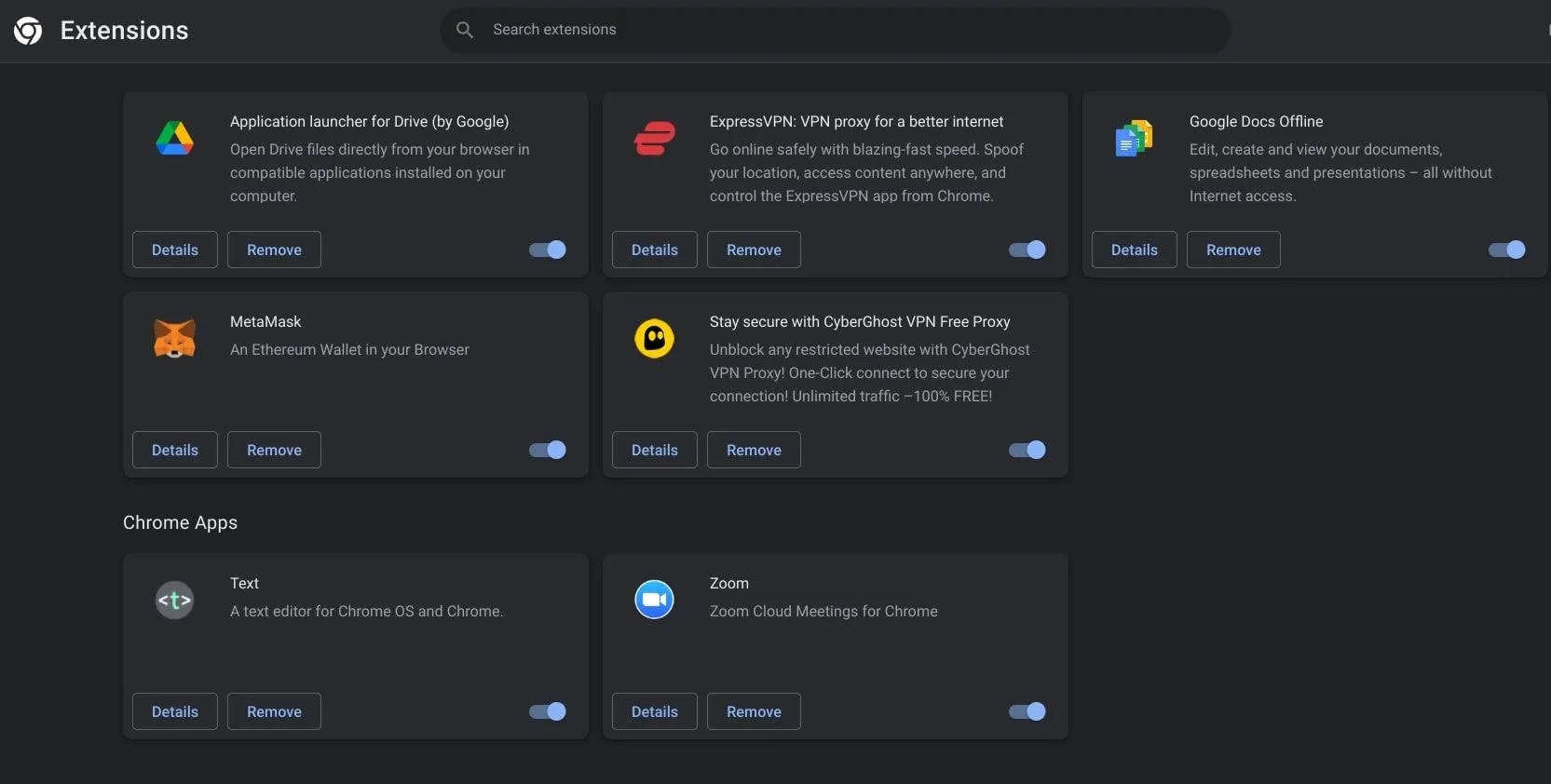 Trang quản lý tiện ích mở rộng trong Google Chrome để xem và tắt