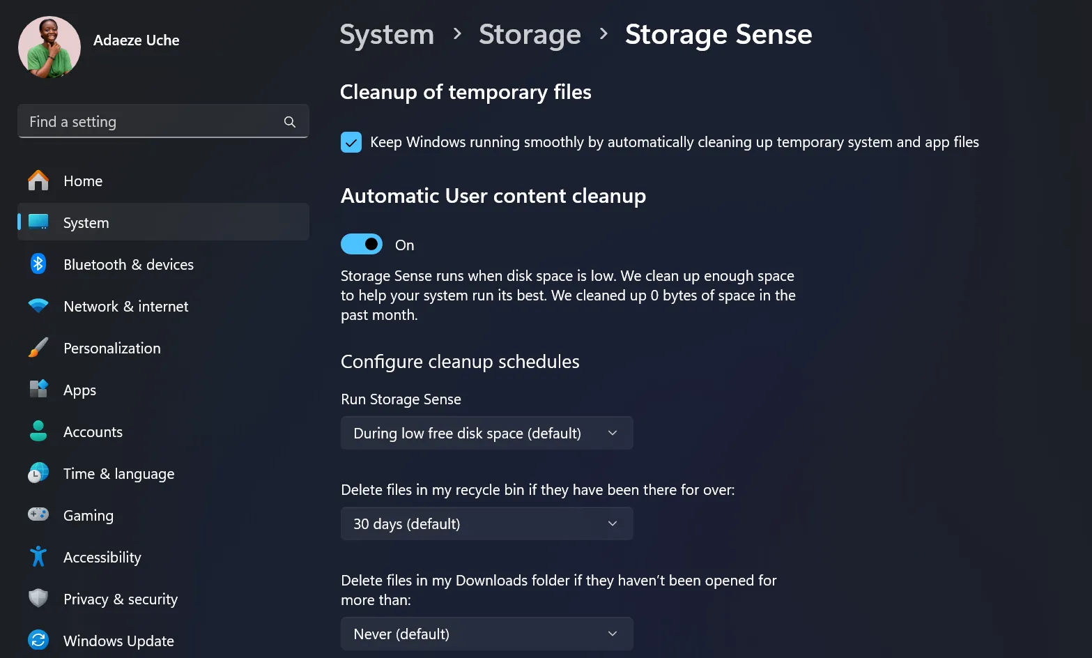 Trang Storage Sense trong ứng dụng Cài đặt của Windows
