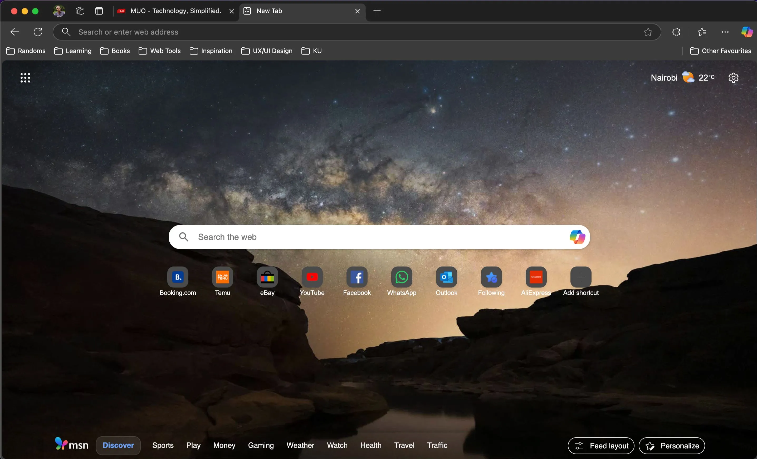 Trang tab mới của Microsoft Edge với các tính năng như Copilot