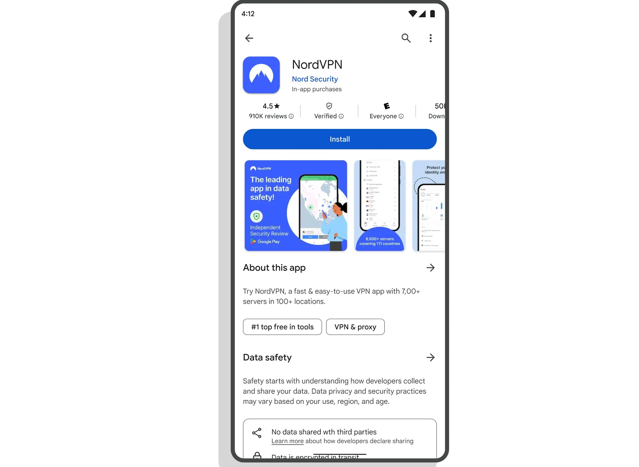 Trang thông tin ứng dụng trên Google Play Store hiển thị huy hiệu Đã xác minh cho một ứng dụng VPN.