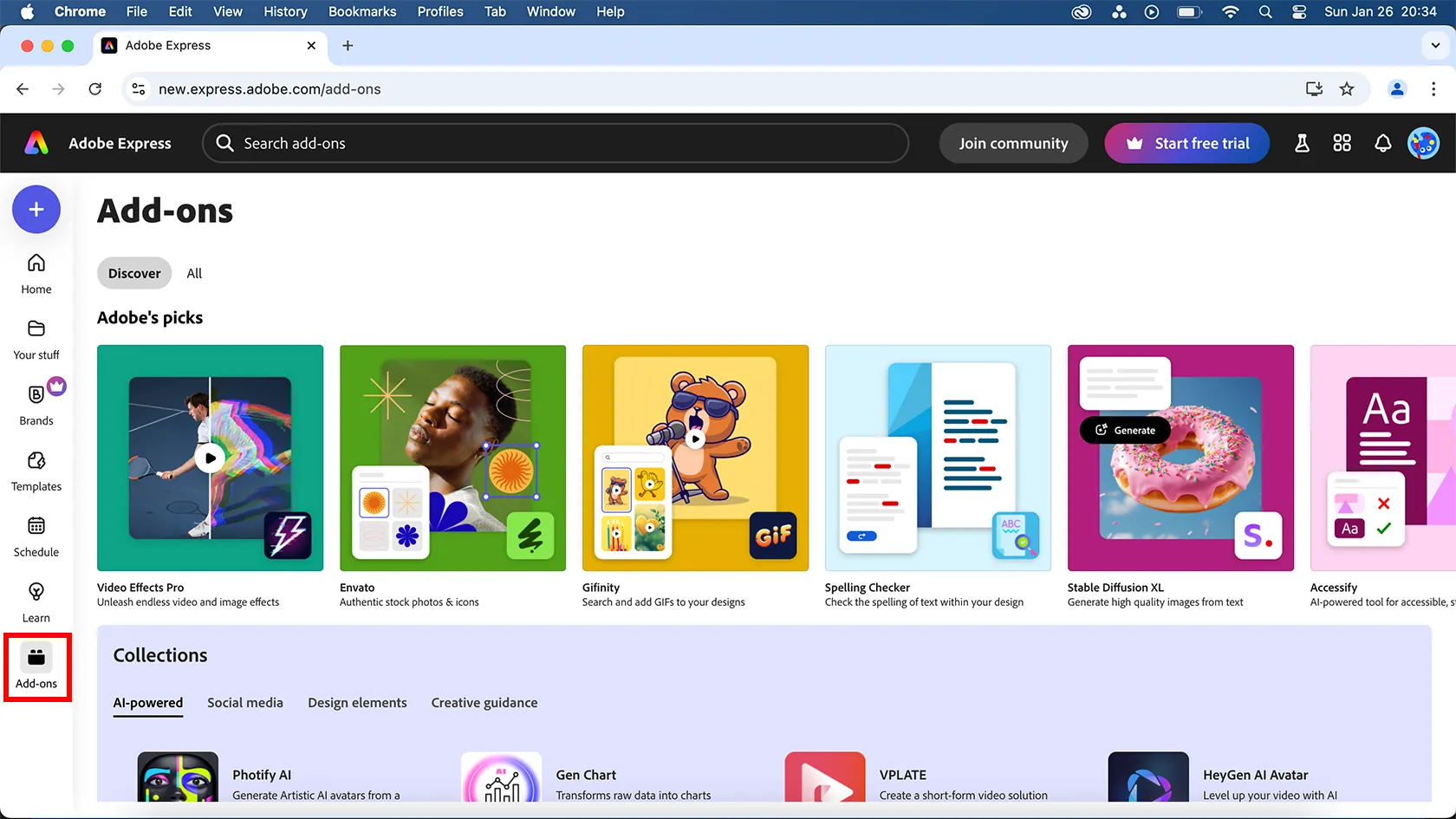 Trang web Adobe Express trên trình duyệt máy tính hiển thị rõ ràng vị trí của Add-ons trong menu bên trái