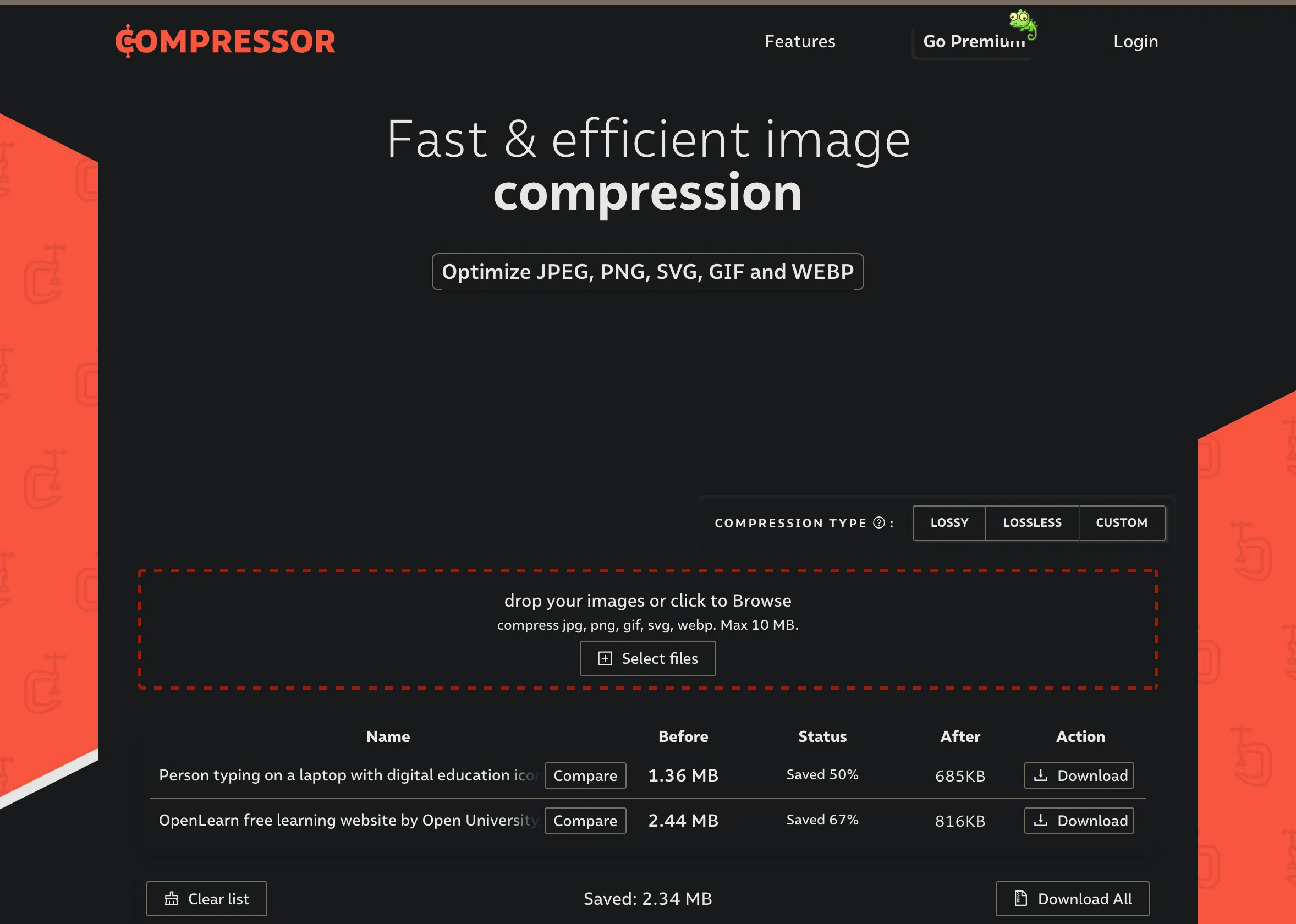 Trang web Compressor.io với giao diện trực quan cho phép nén ảnh lossless hoặc lossy, hiển thị so sánh ảnh trước và sau.