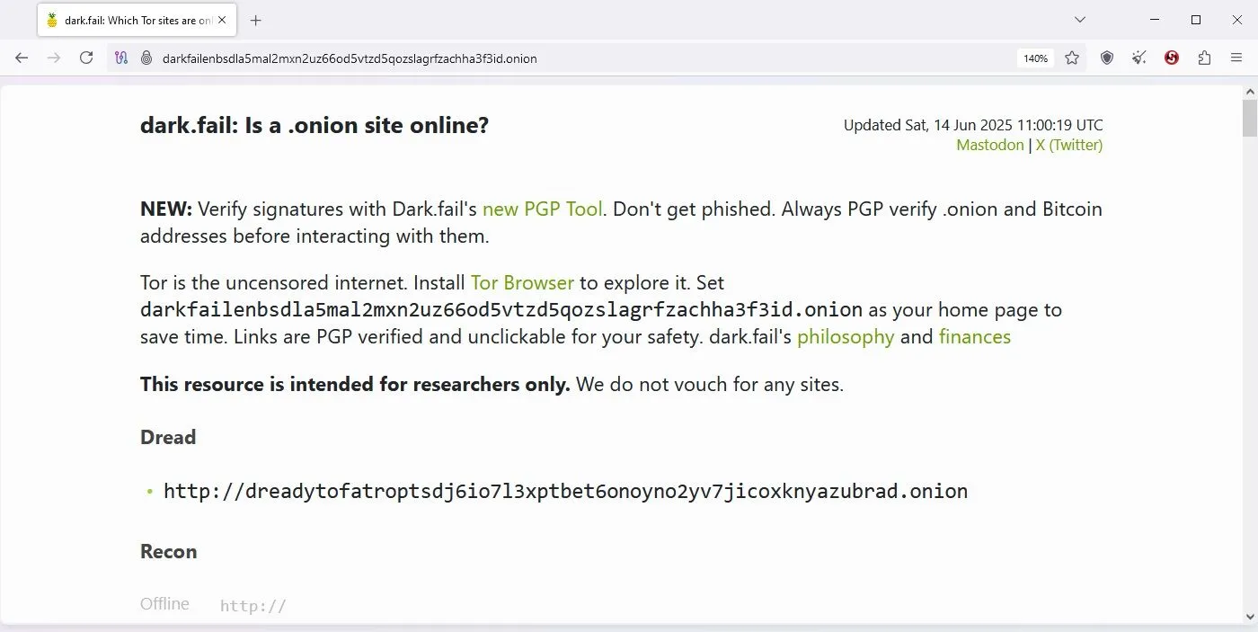 Trang web Dark Fail hiển thị trên trình duyệt Tor, minh họa nội dung không hoàn toàn bất hợp pháp trên dark web.