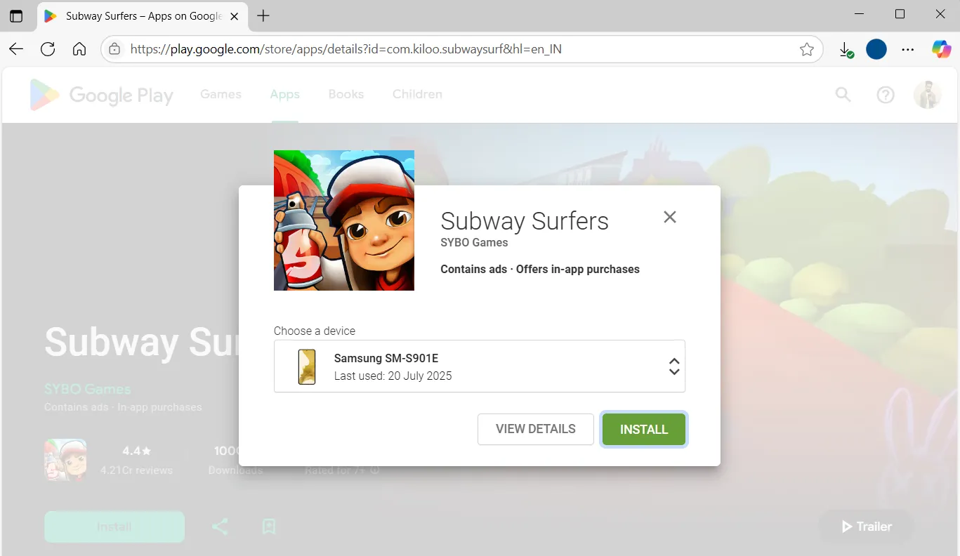 Trang web Google Play Store trên máy tính hiển thị tùy chọn cài đặt game từ xa lên điện thoại