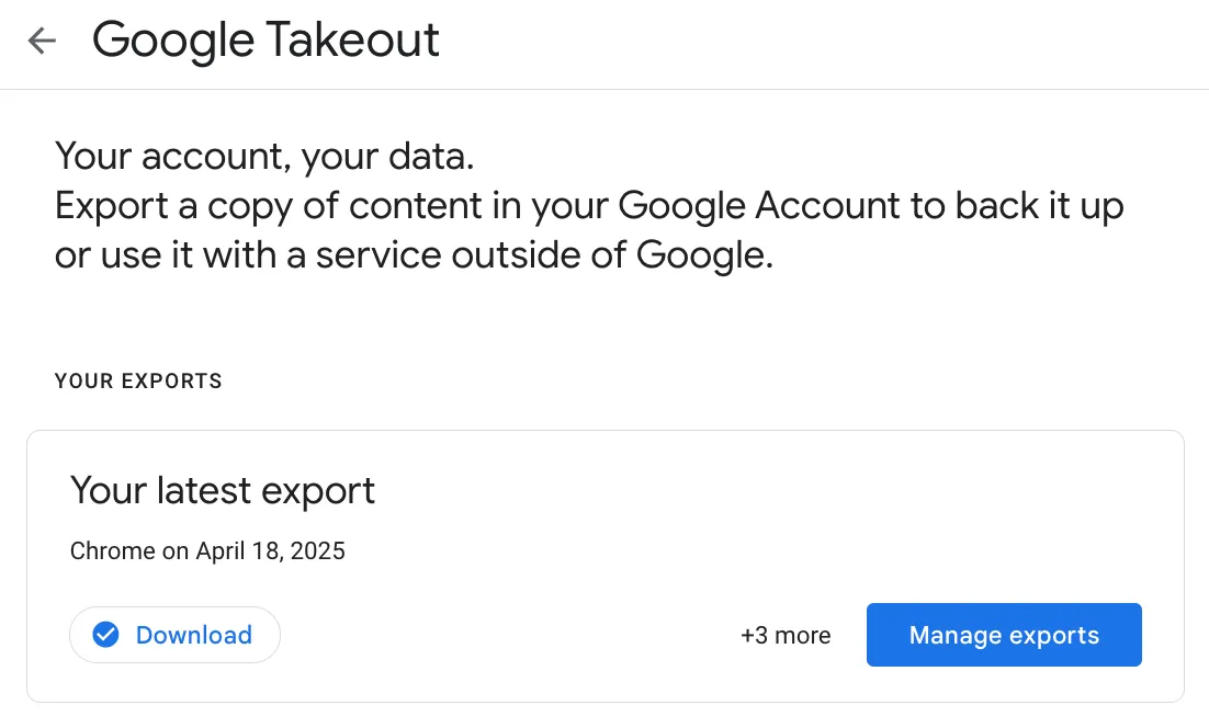 Trang xác nhận của Google Takeout cho biết bản sao dữ liệu của bạn đã được chuẩn bị để xuất, sẵn sàng cho việc tải xuống.