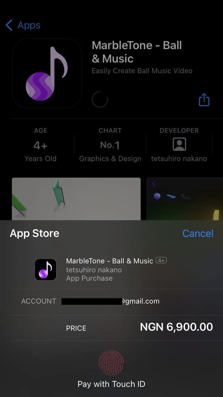 Trang xác nhận thanh toán trên App Store hiển thị thông báo &quot;Double click to install&quot; và Touch ID