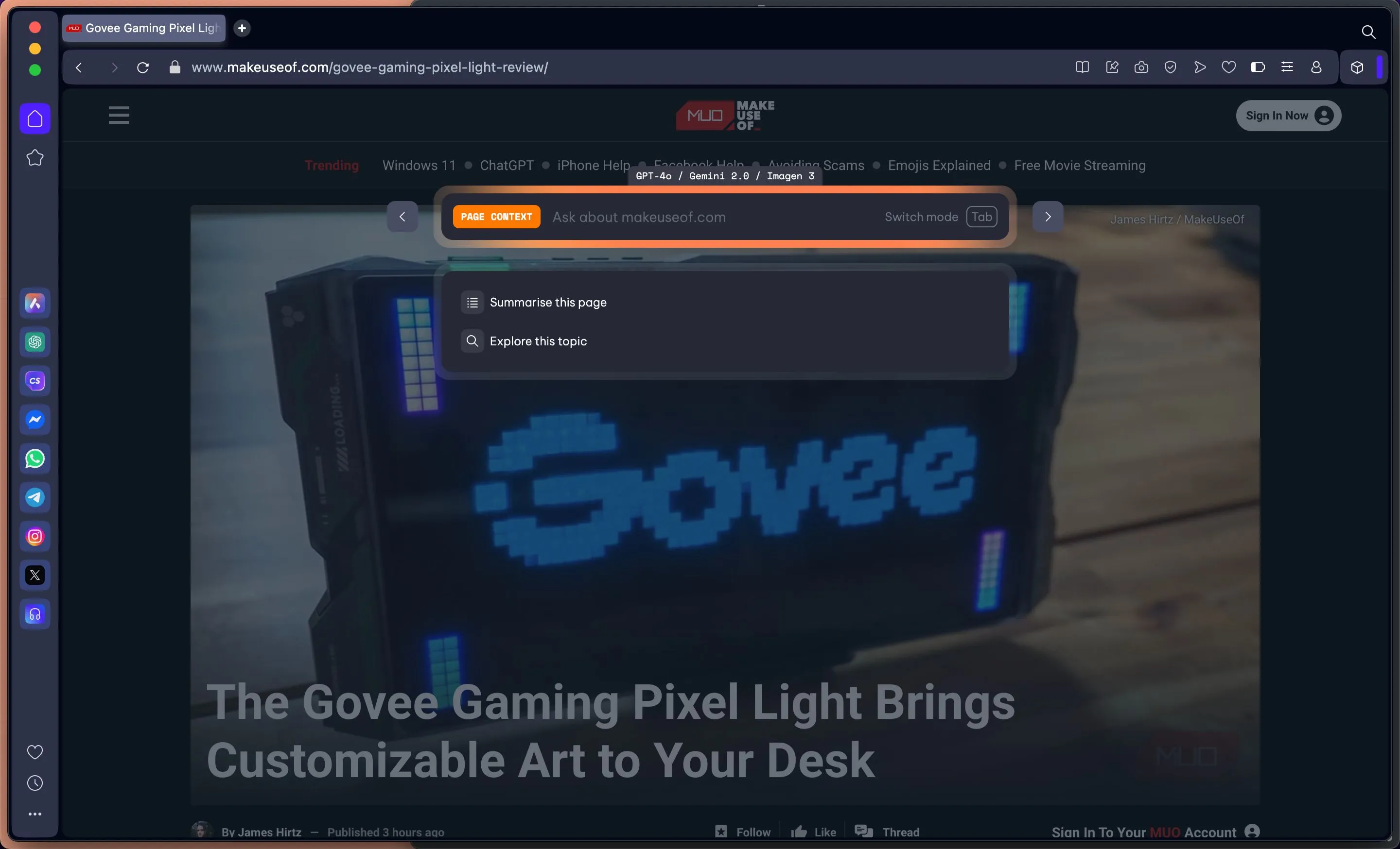 Trình duyệt Opera hiển thị tính năng Tab Commands của Aria AI, cho phép tương tác ngữ cảnh với trang web hiện tại.
