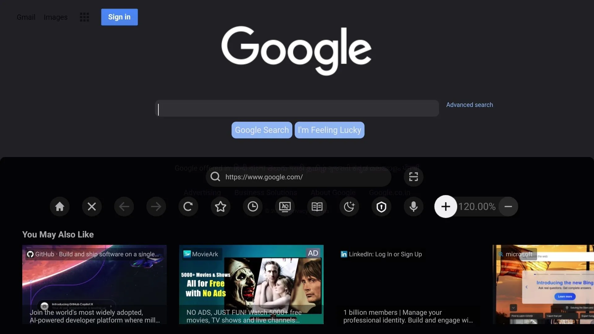 Trình duyệt trên Smart TV hiển thị mức độ phóng đại trang web để cải thiện khả năng đọc