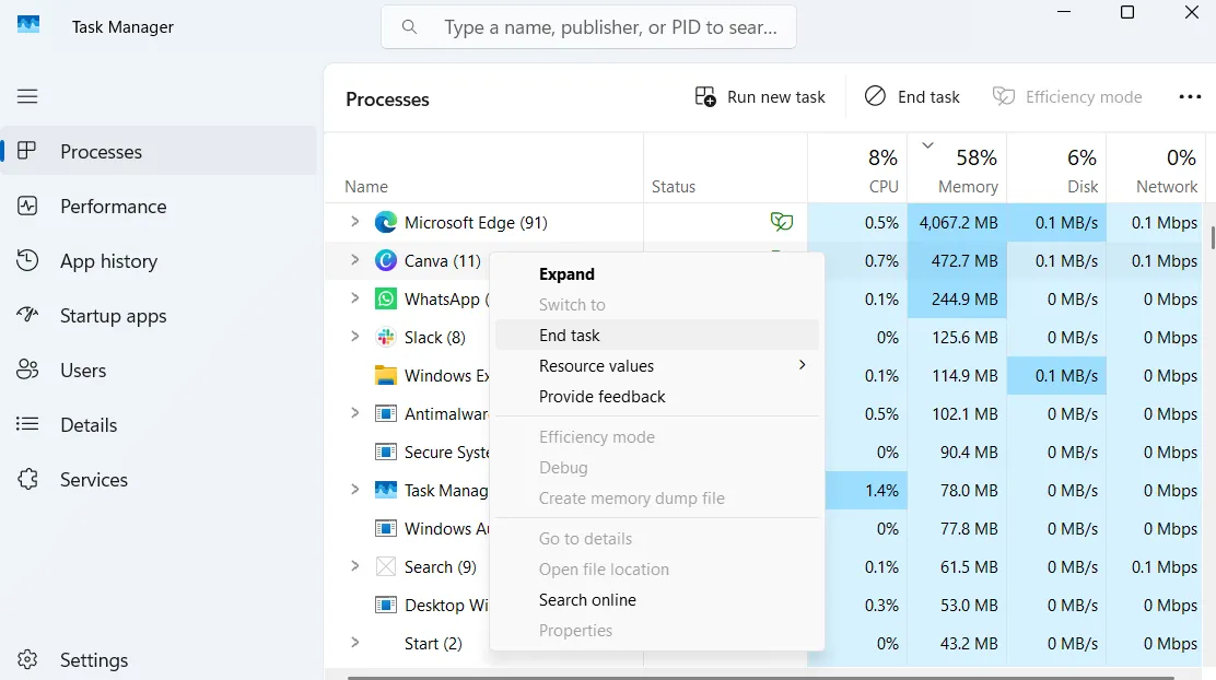 Trình quản lý tác vụ Windows với tùy chọn End task cho ứng dụng Canva