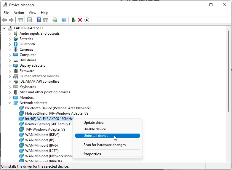 Trình quản lý thiết bị Windows 11 hiển thị tùy chọn Gỡ cài đặt Thiết bị