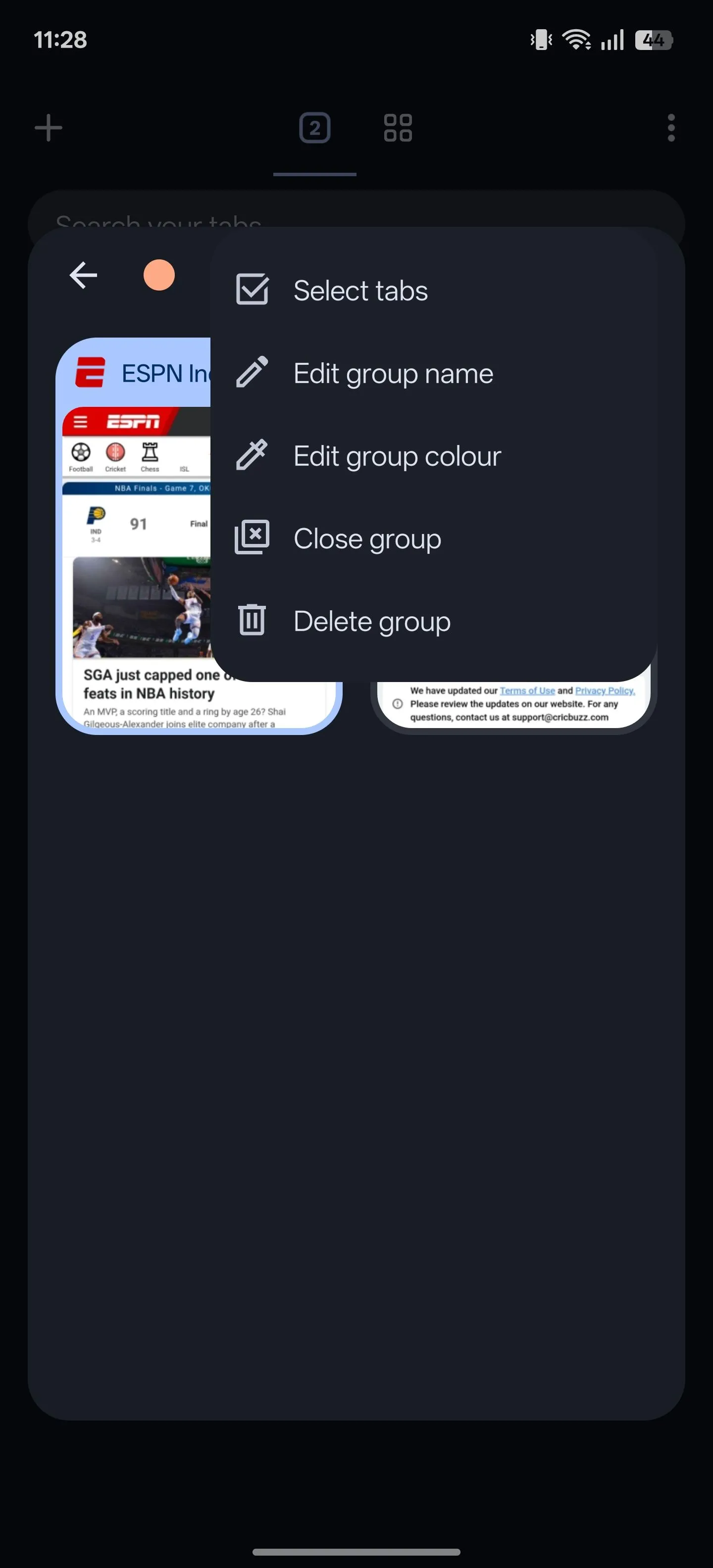 Truy cập các tùy chọn quản lý Nhóm Tab trên Chrome (Android)