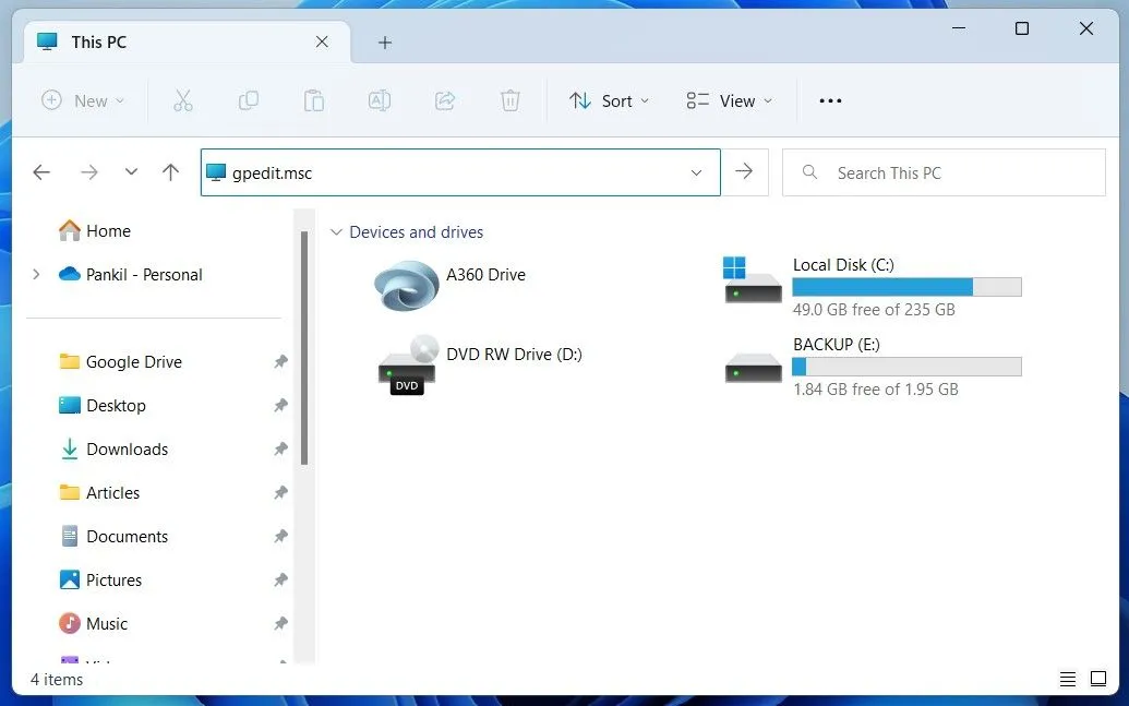 Truy cập Group Policy Editor từ File Explorer