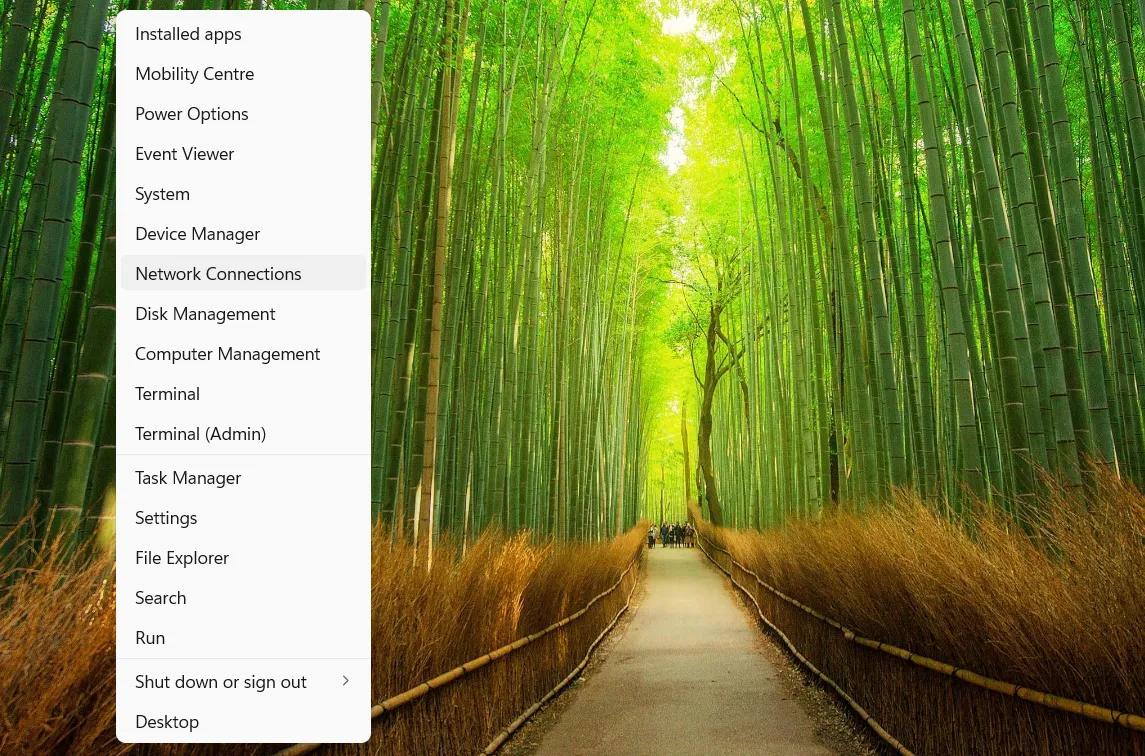 Truy cập Network Connections qua menu Quick Access Win+X