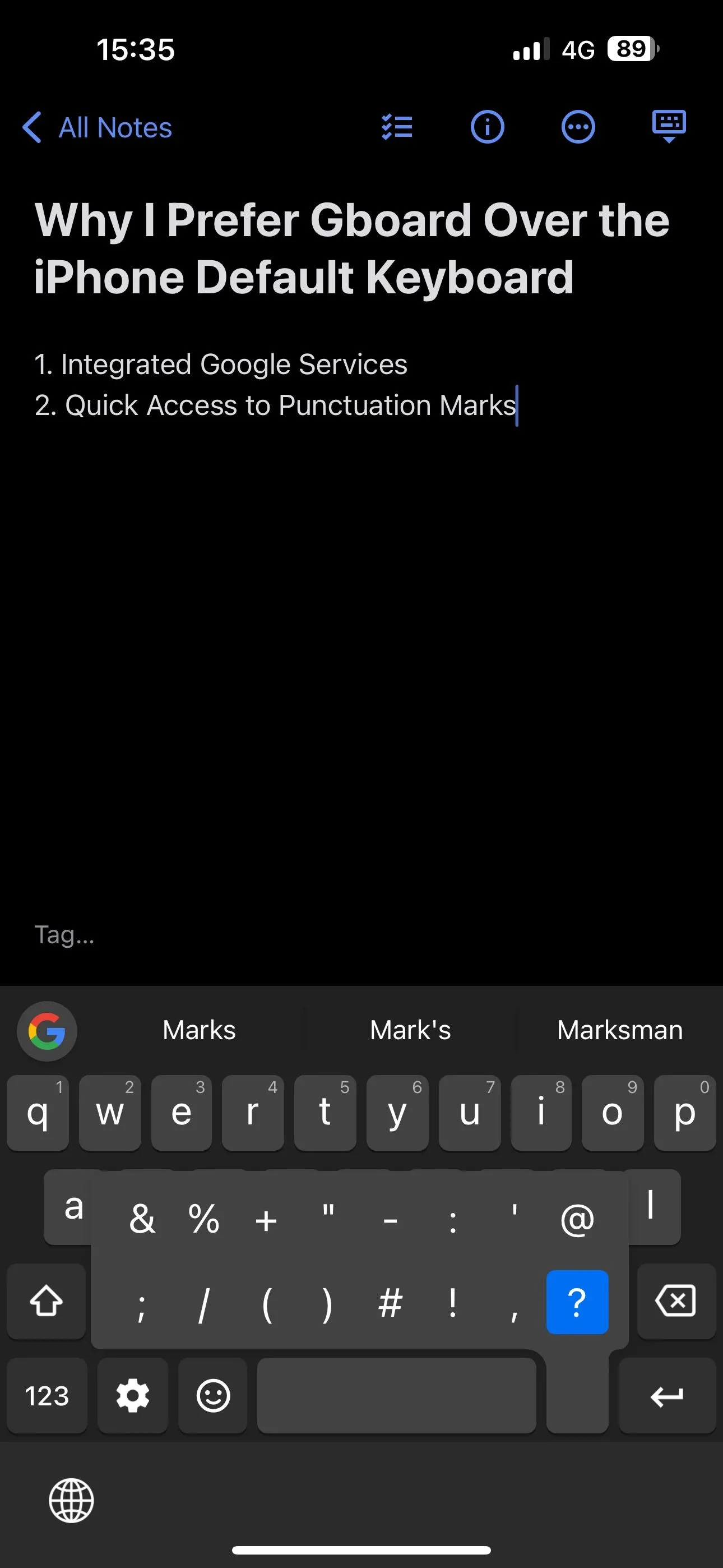 Truy cập nhanh dấu câu trên Gboard iPhone.