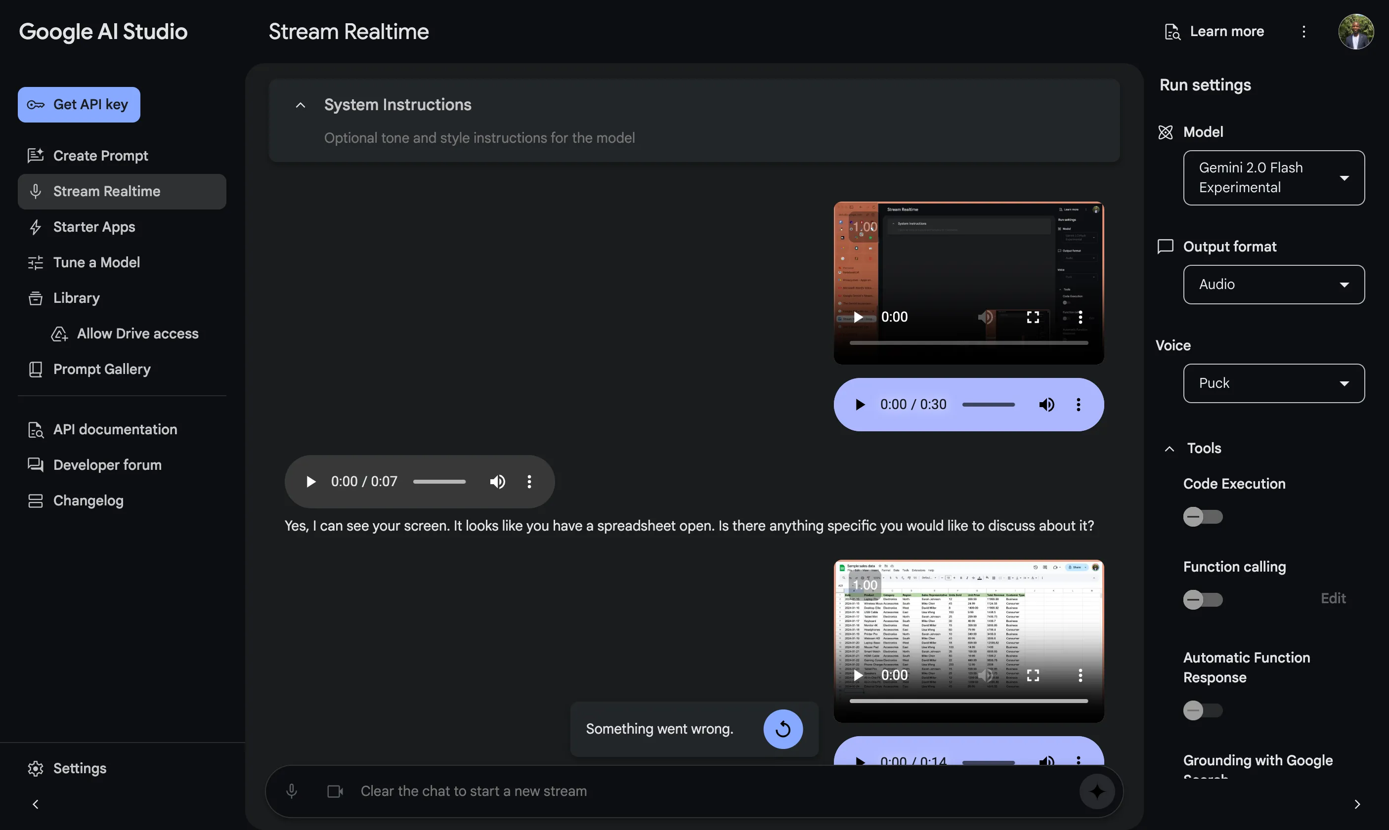 Tương tác trực tiếp với Gemini thông qua tính năng Stream Realtime của Google AI Studio, Gemini nhận diện bảng tính Google Sheets