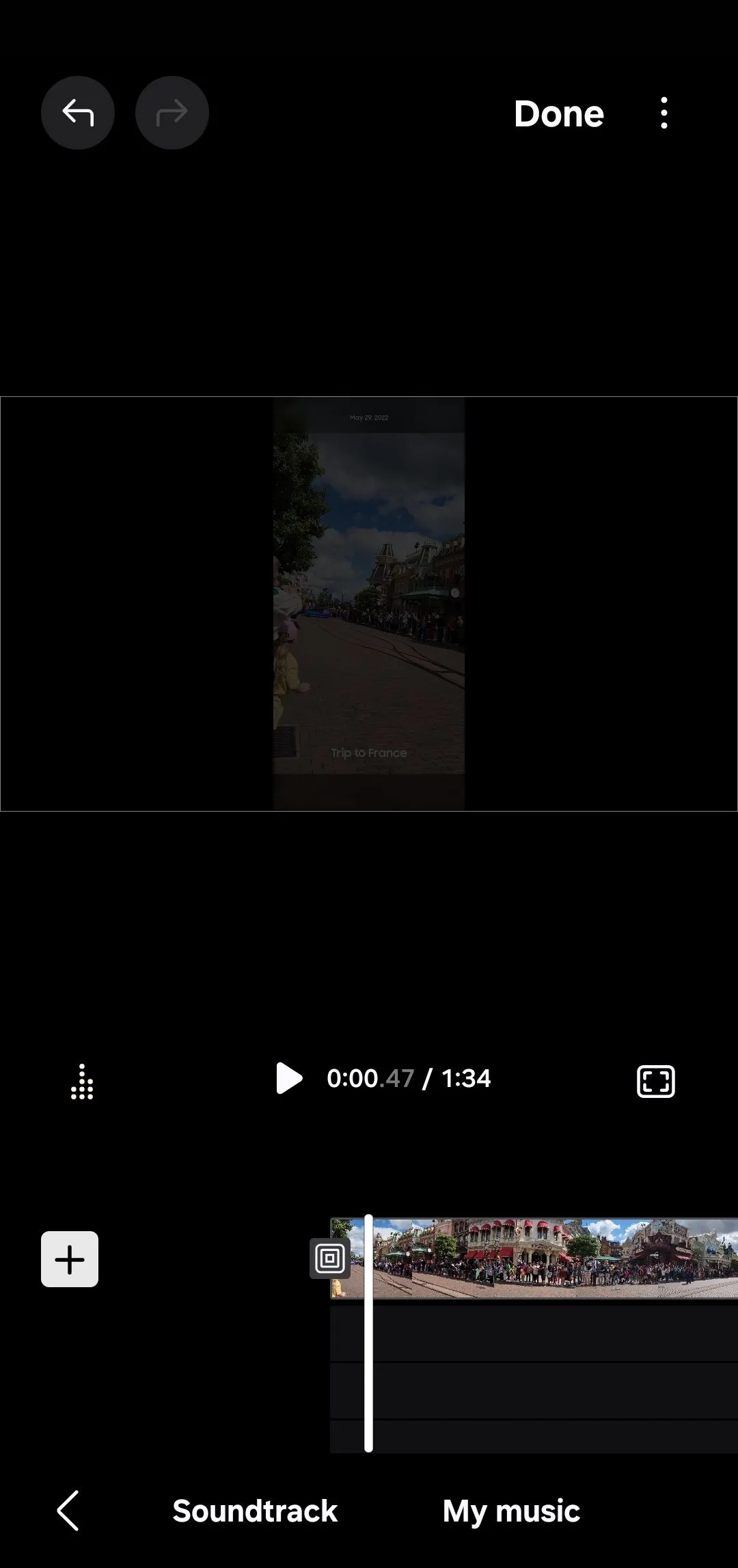 Tùy chọn âm nhạc trong ứng dụng Samsung Studio, cho phép người dùng lựa chọn nhạc nền từ thư viện của Samsung (Soundtrack) hoặc từ bộ nhớ điện thoại (My music).
