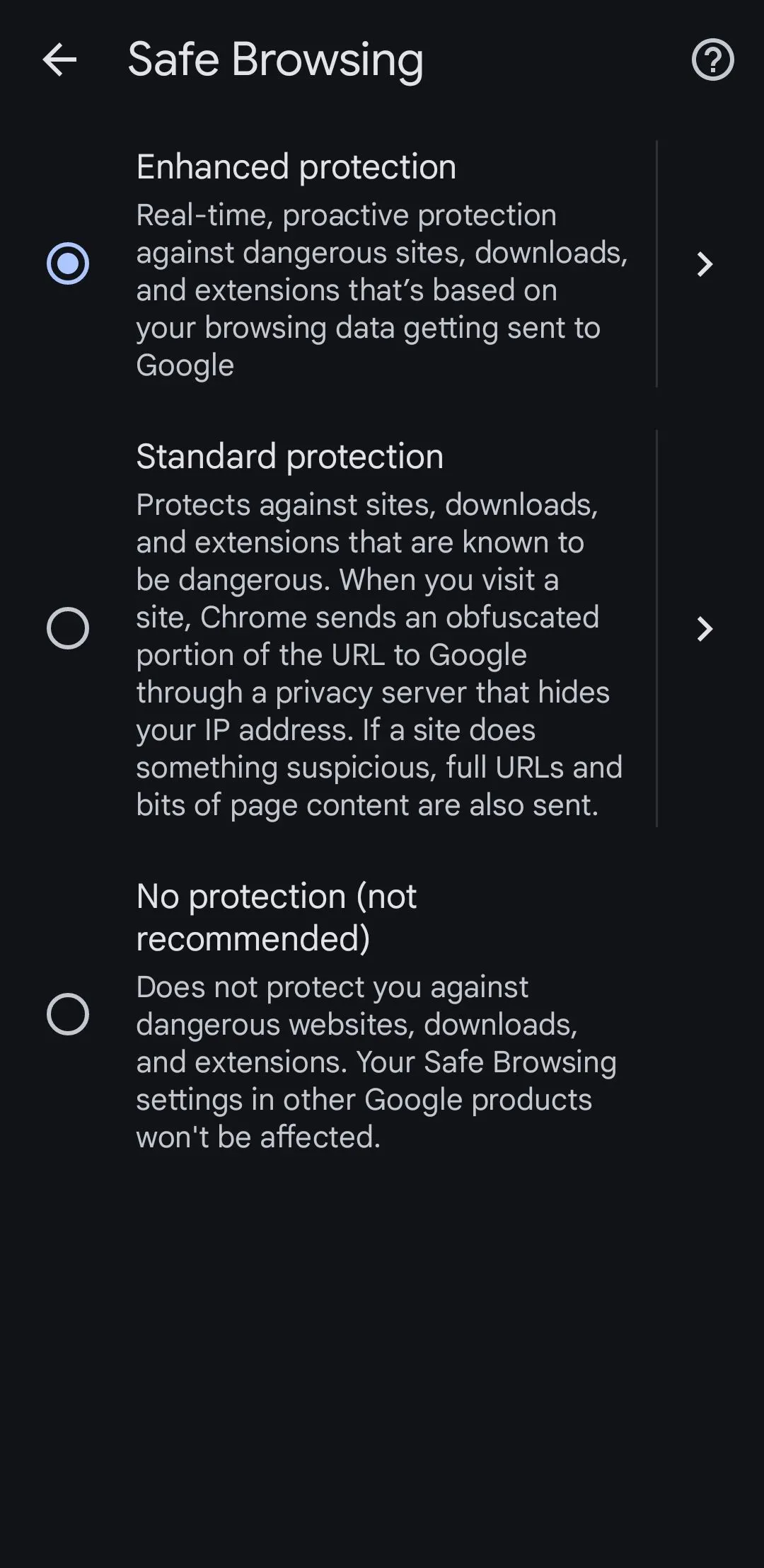 Tùy chọn Bảo vệ nâng cao trong chế độ Duyệt web an toàn của Google Chrome trên điện thoại Android
