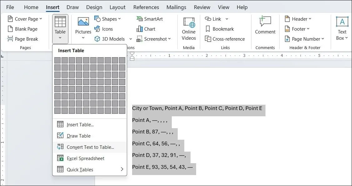 Tùy chọn Convert Text to Table trong menu Insert của MS Word để chuyển đổi dữ liệu văn bản sang định dạng bảng