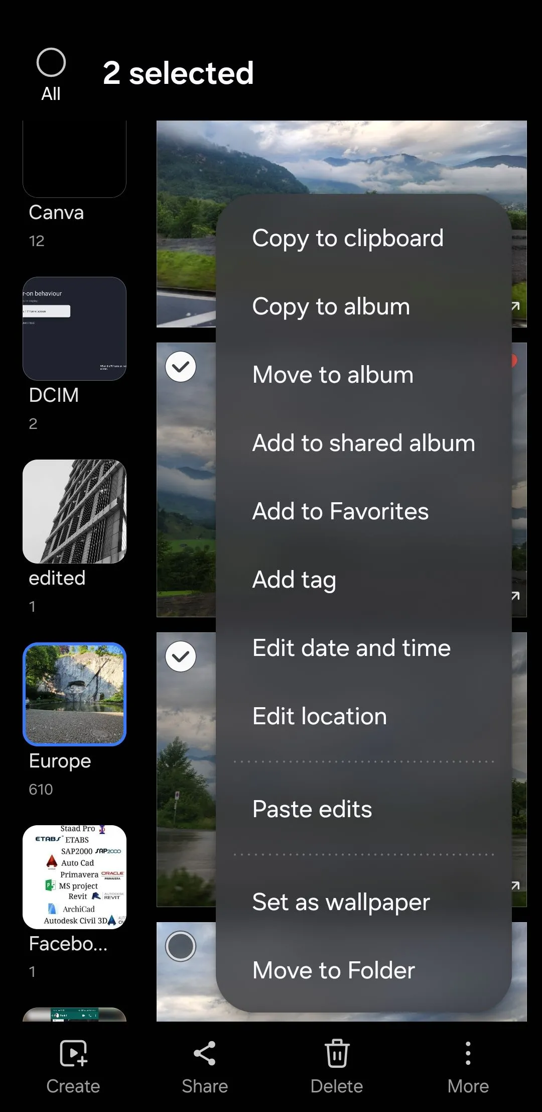 Tùy chọn &quot;Dán chỉnh sửa&quot; (Paste edits) trong menu ba chấm của ứng dụng Thư viện ảnh Samsung Galaxy