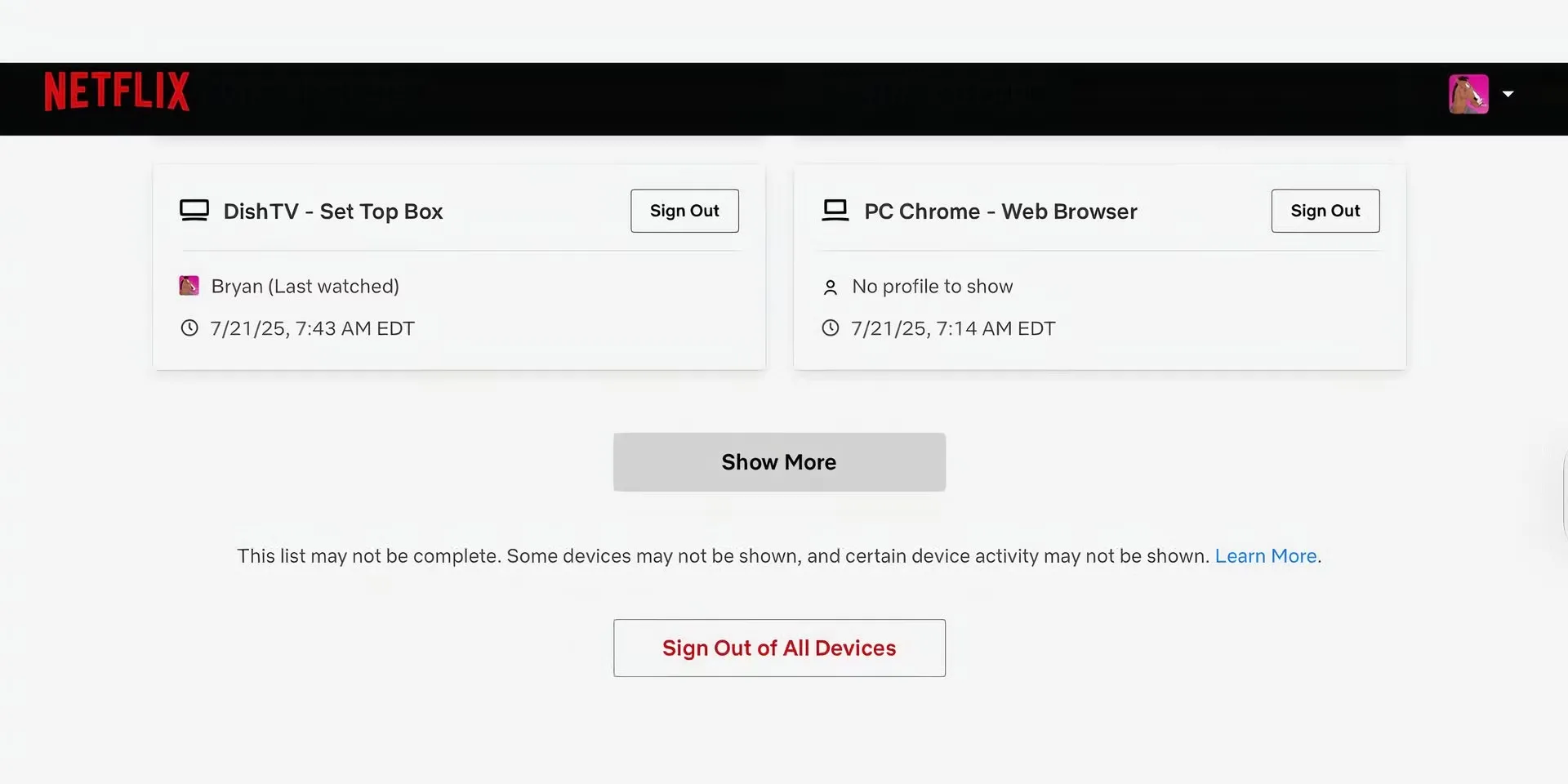 Tùy chọn &quot;Đăng xuất khỏi tất cả thiết bị&quot; trong cài đặt bảo mật tài khoản Netflix