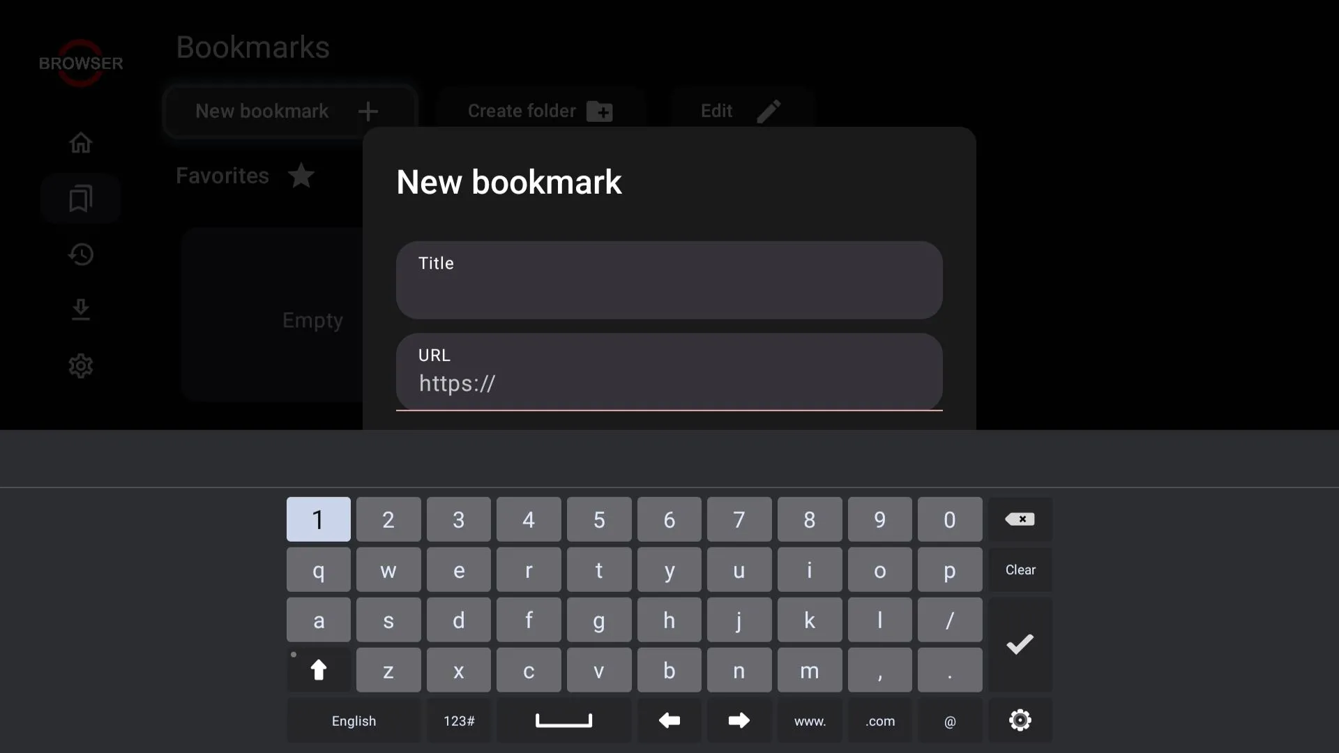 Tùy chọn đánh dấu trang (Bookmark) trong menu của ứng dụng trình duyệt trên Smart TV