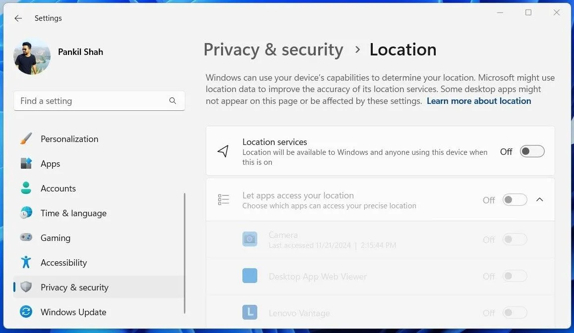 Tuỳ chọn dịch vụ định vị trong ứng dụng Cài đặt của Windows 11