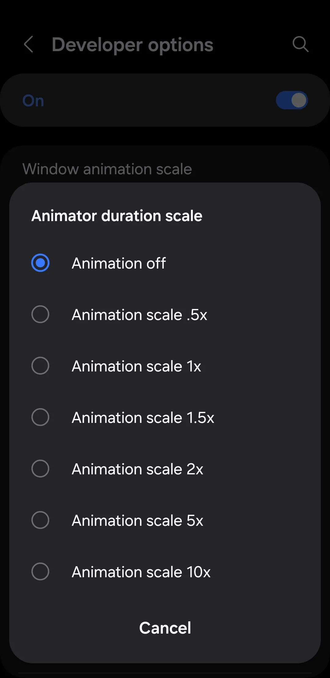 Tùy chọn điều chỉnh tỷ lệ hoạt ảnh của hình động (Animator duration scale) trong menu Tùy chọn nhà phát triển trên Android, giúp giảm độ trễ khi chuyển đổi giao diện.