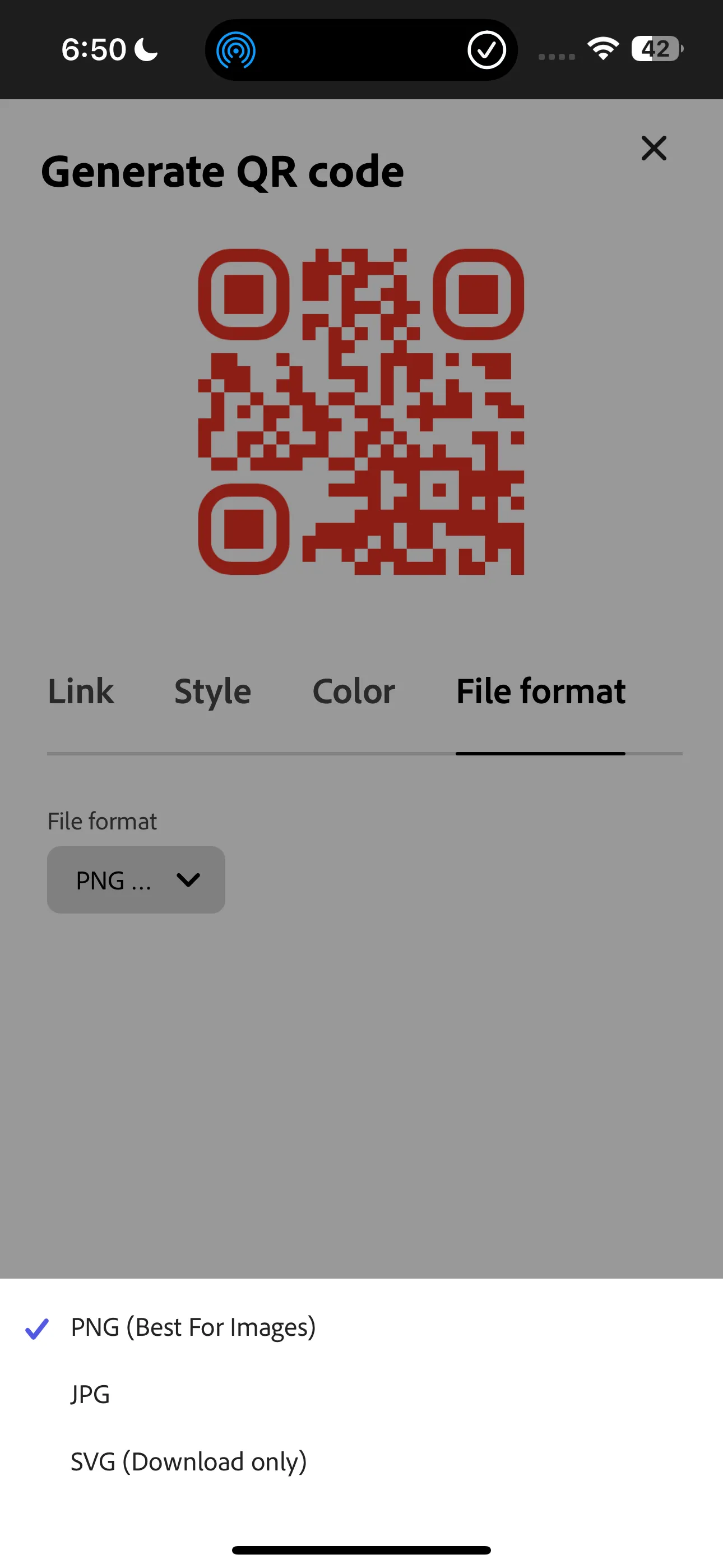 Tùy chọn định dạng tệp (JPG, PNG, SVG) khi xuất mã QR trong Adobe Express