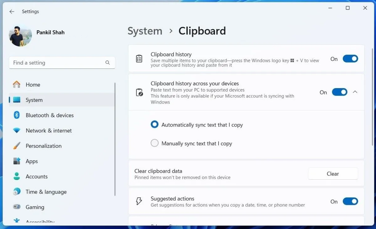 Tùy chọn đồng bộ lịch sử Clipboard trên các thiết bị trong ứng dụng Cài đặt Windows 11