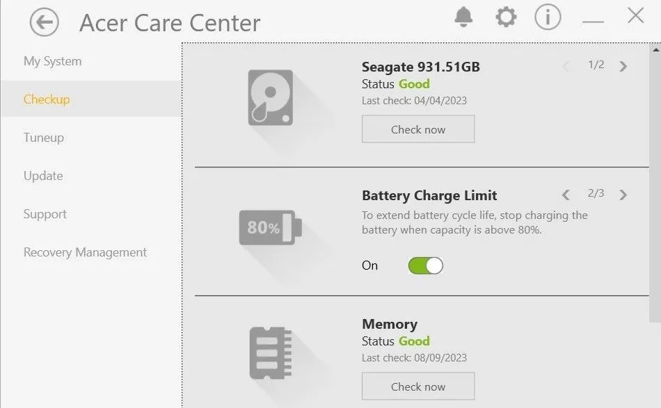 Tùy chọn giới hạn sạc pin (Battery Charge Limit) trong ứng dụng Acer Care Center