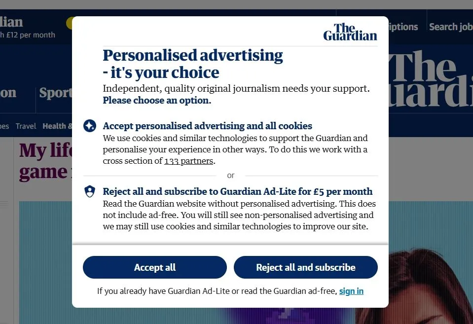 Tùy chọn gói đăng ký Ad-Lite trên website của báo The Guardian