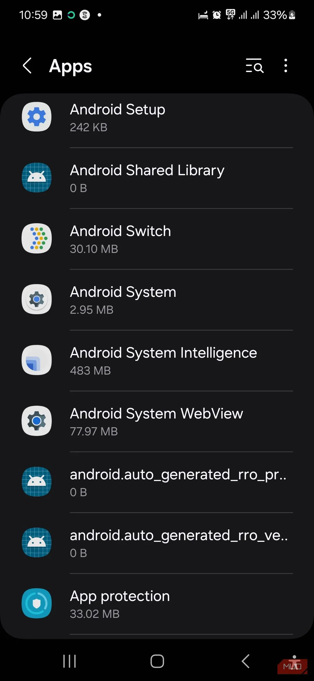 Tùy chọn Hệ thống Android trong danh sách Ứng dụng
