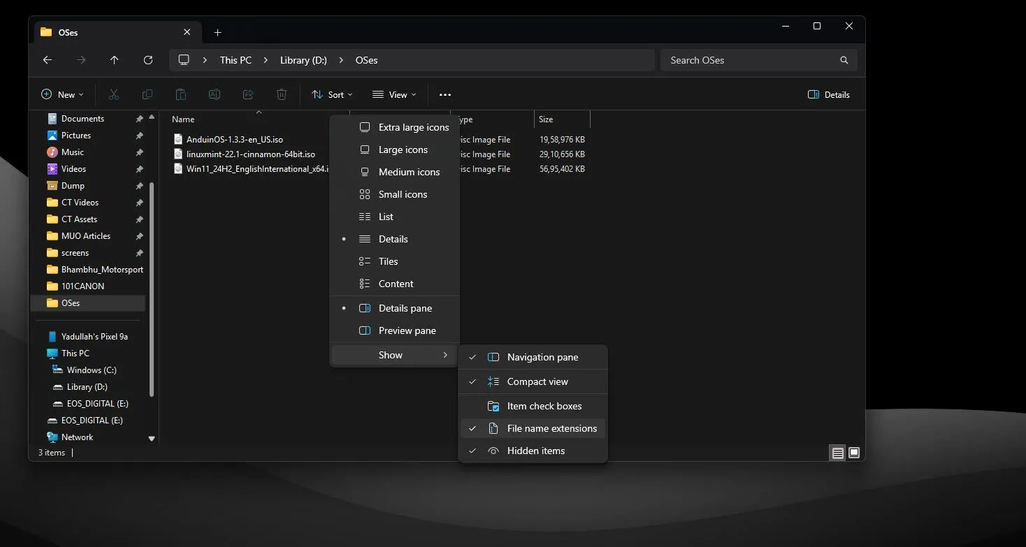 Tùy chọn hiển thị phần mở rộng tên tệp trong File Explorer của Windows 11
