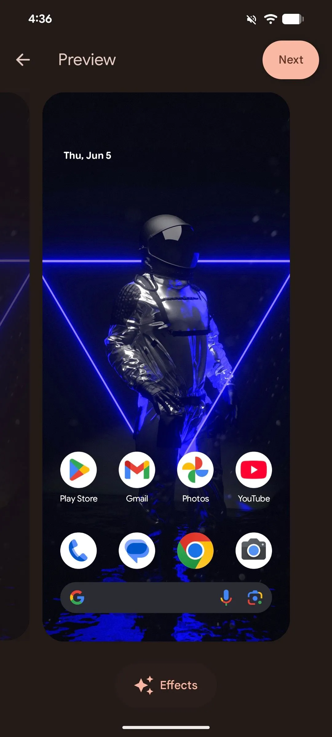 Tùy chọn &quot;Hiệu ứng&quot; dưới màn hình xem trước hình nền trên Android 16.