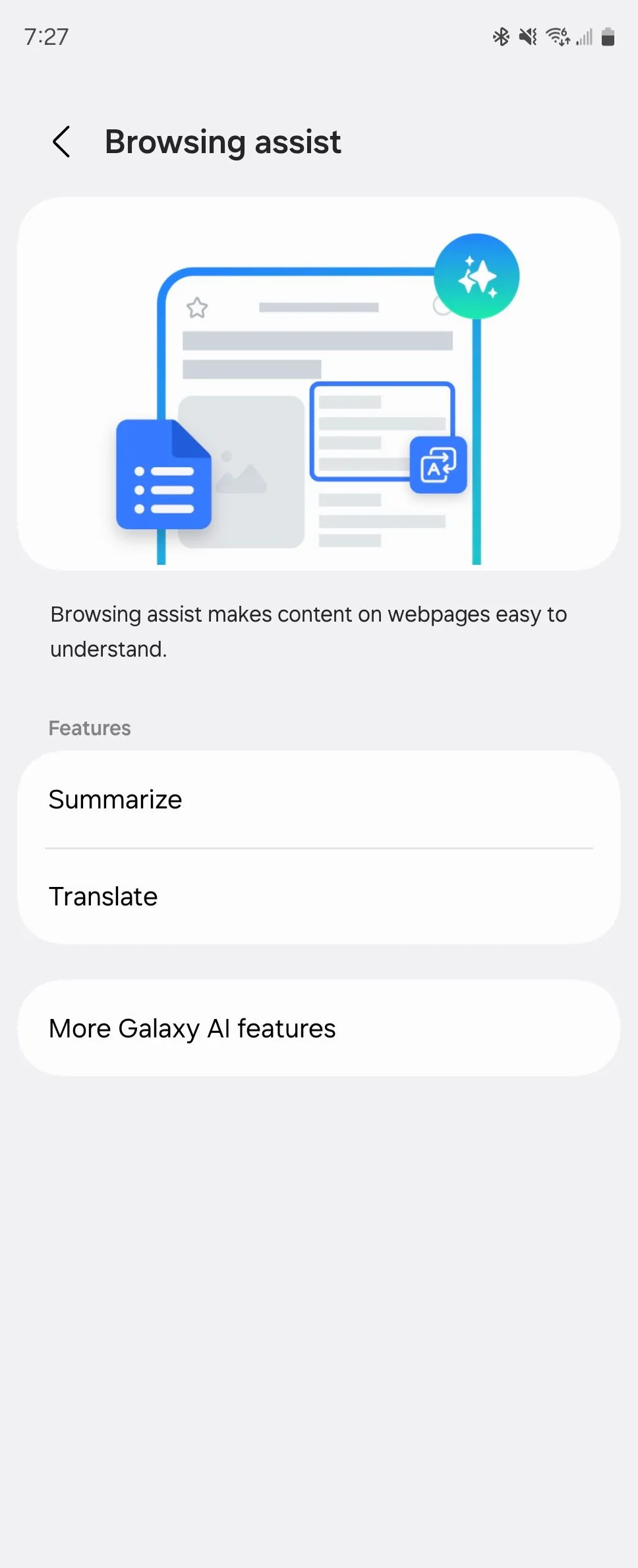 Tùy chọn Hỗ trợ Duyệt Web (Browsing Assist) của Galaxy AI trong ứng dụng Samsung Internet, thể hiện khả năng tóm tắt nội dung trang web.