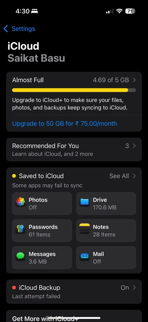 Tùy chọn iCloud trong Cài đặt iPhone, cho phép người dùng truy cập và quản lý các tính năng lưu trữ đám mây như Ảnh iCloud và Sao lưu.