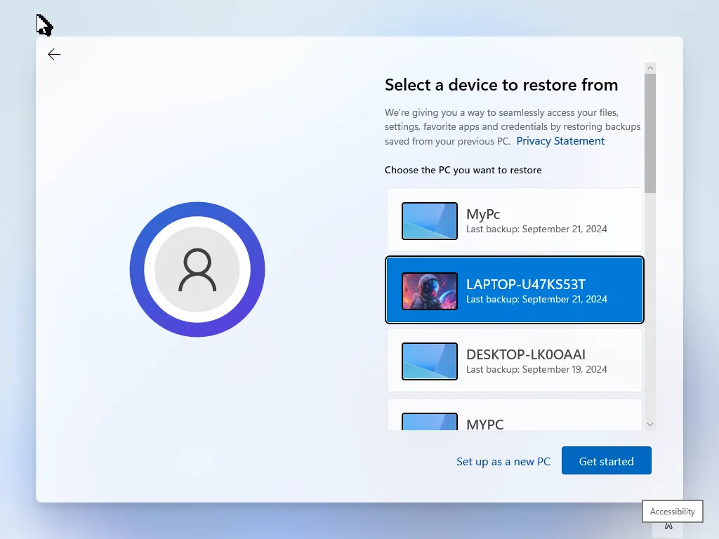 Tùy chọn khôi phục Windows Backup trong quá trình cài đặt Windows 11 giúp dễ dàng phục hồi dữ liệu.
