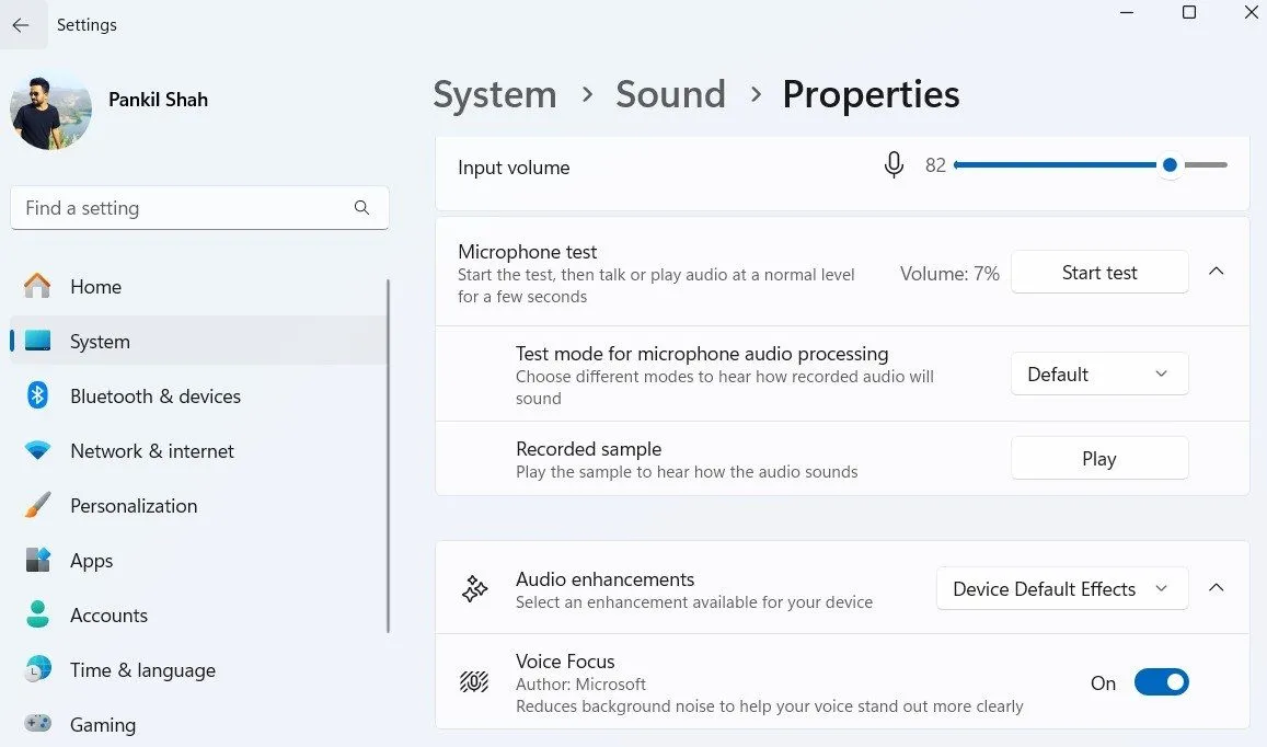 Tùy chọn kiểm tra microphone trong ứng dụng Cài đặt của Windows 11