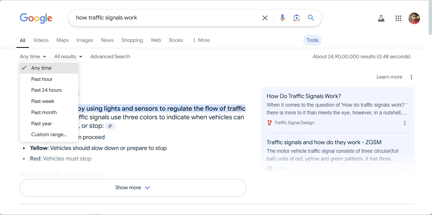 Tùy chọn lọc thời gian tiêu chuẩn trên Google Search