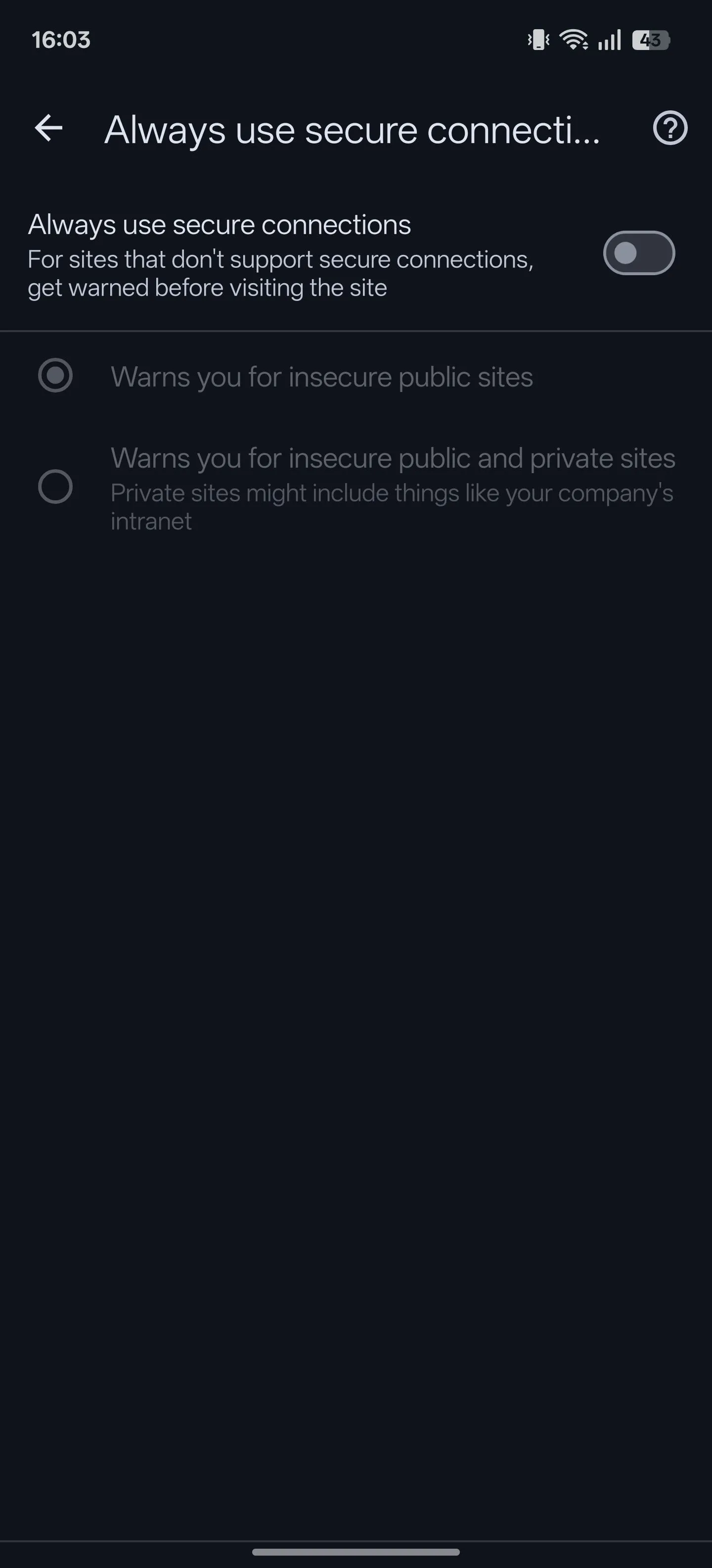 Tùy chọn Luôn sử dụng kết nối an toàn (HTTPS) đang tắt trong cài đặt Chrome Android.